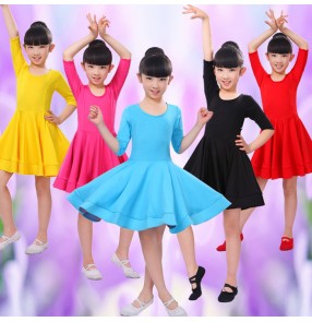 Turquoise red yellow sky blue fuchsia black short sleeves spandex round neck girls kids children school play  gymnastics performance professional competition ballroom latin dancing dresses outfits 